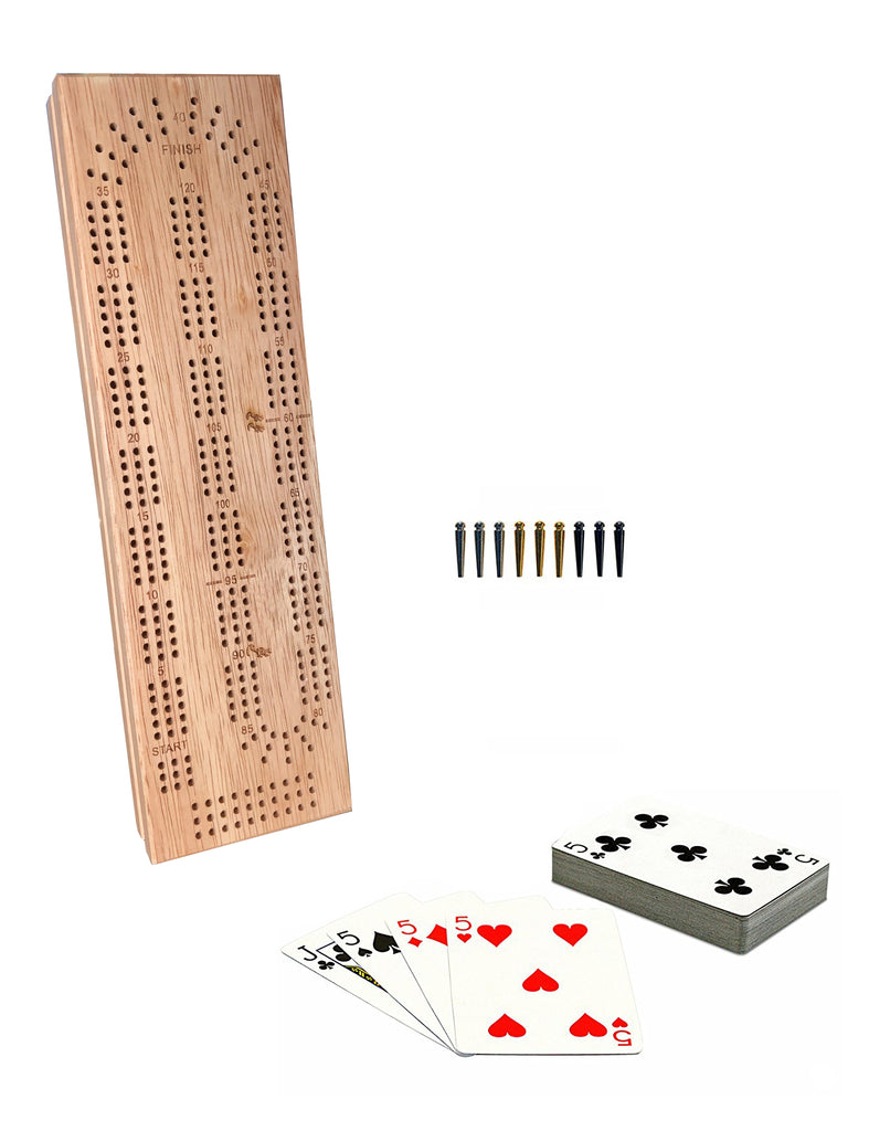 We Games Cabinet Cribbage Set, Solid Wood Continuous 3 Track Board, Pegs & Cards